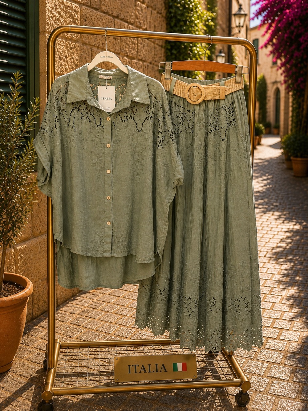 IT017 🇮🇹 Made in Italy Sage Lace Blouse & Wide Leg Pants Set